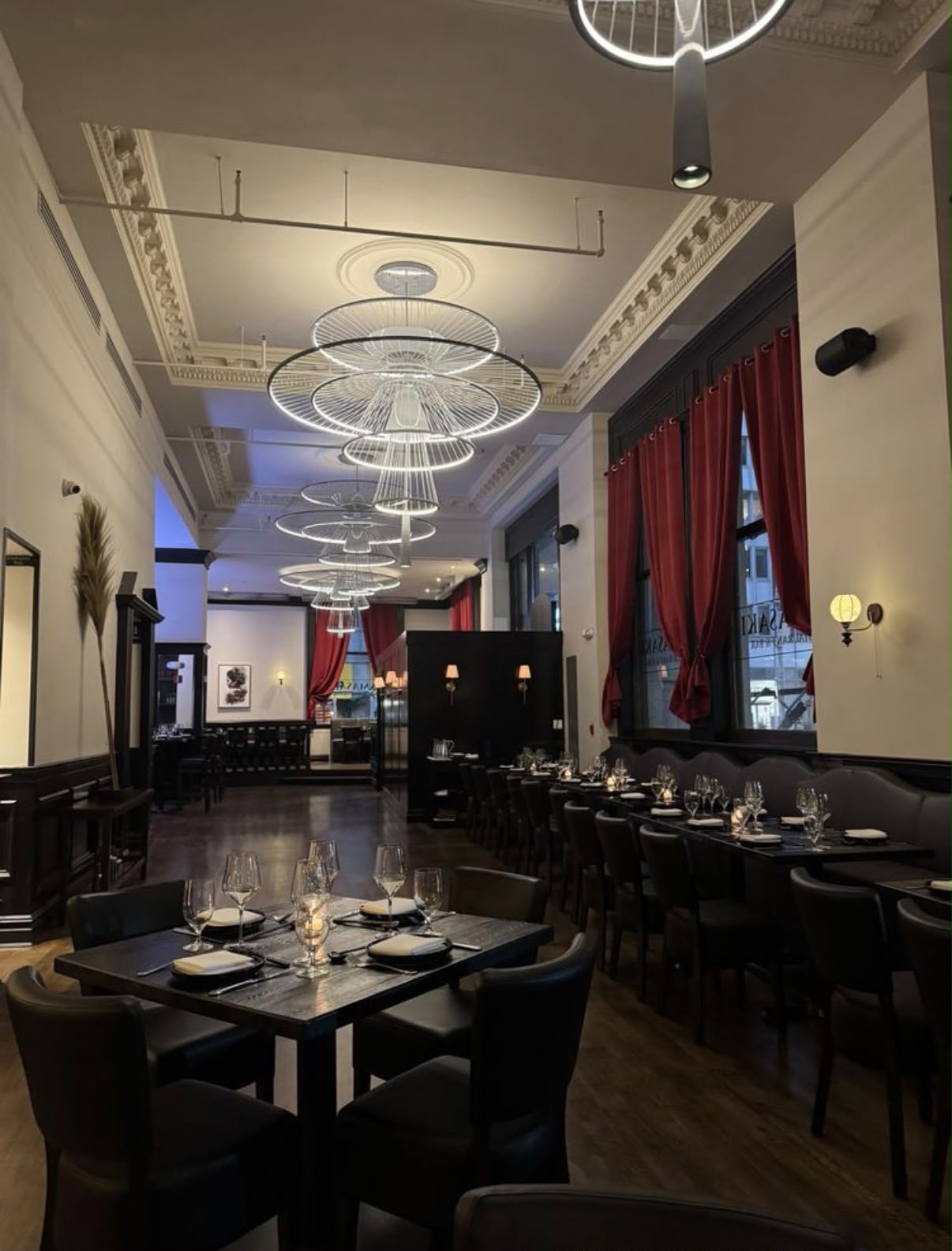 Long tables set for evening service